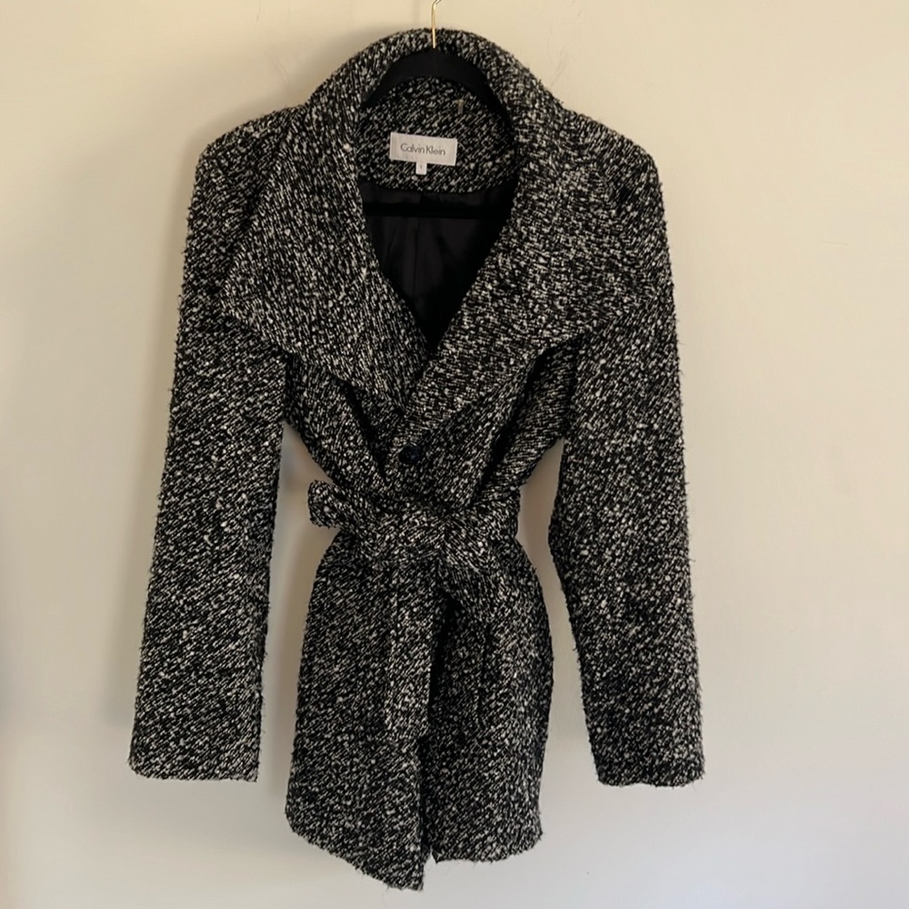 Calvin Klein Black and White Bouclé Tie-Waist Peacoat